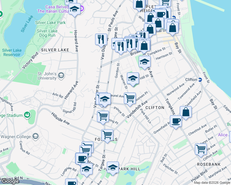 map of restaurants, bars, coffee shops, grocery stores, and more near 291 Gordon Street in Staten Island