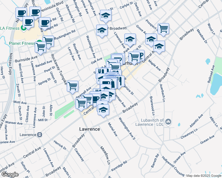 map of restaurants, bars, coffee shops, grocery stores, and more near 416 Central Avenue in Cedarhurst