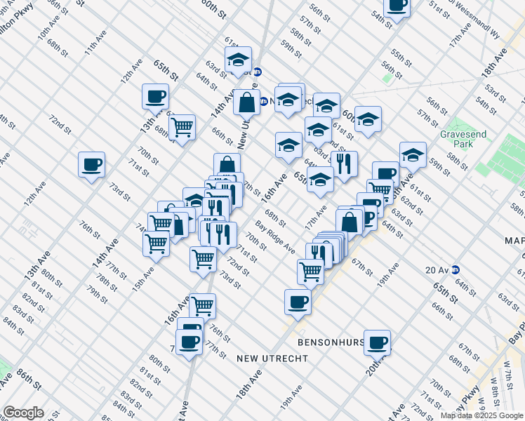 map of restaurants, bars, coffee shops, grocery stores, and more near 6805 16th Avenue in Brooklyn