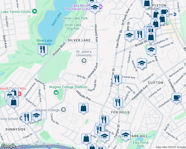 map of restaurants, bars, coffee shops, grocery stores, and more near 401 Howard Avenue in Staten Island