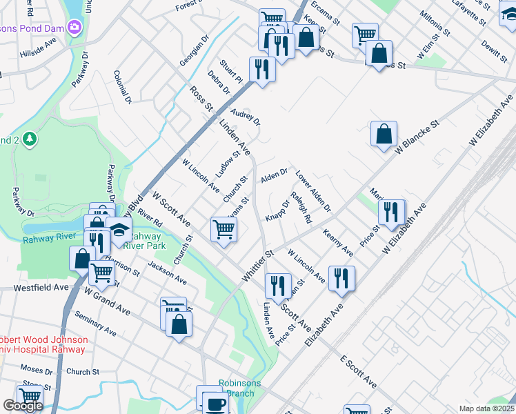 map of restaurants, bars, coffee shops, grocery stores, and more near 515 Linden Avenue in Rahway