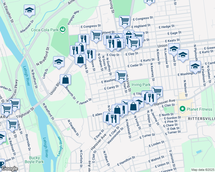map of restaurants, bars, coffee shops, grocery stores, and more near 741 North Graham Street in Allentown