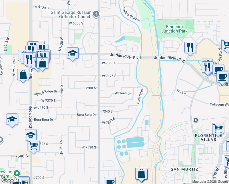 map of restaurants, bars, coffee shops, grocery stores, and more near 1212 West 7230 South in West Jordan