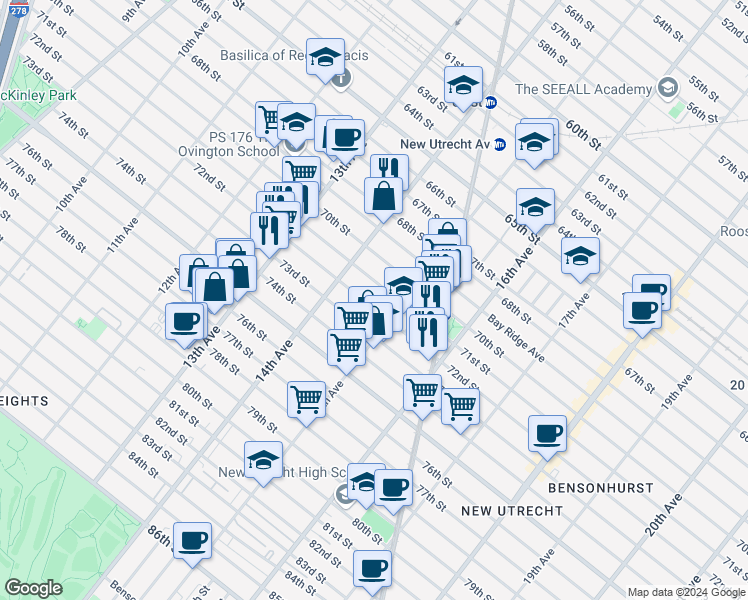 map of restaurants, bars, coffee shops, grocery stores, and more near 1455 72nd Street in Brooklyn