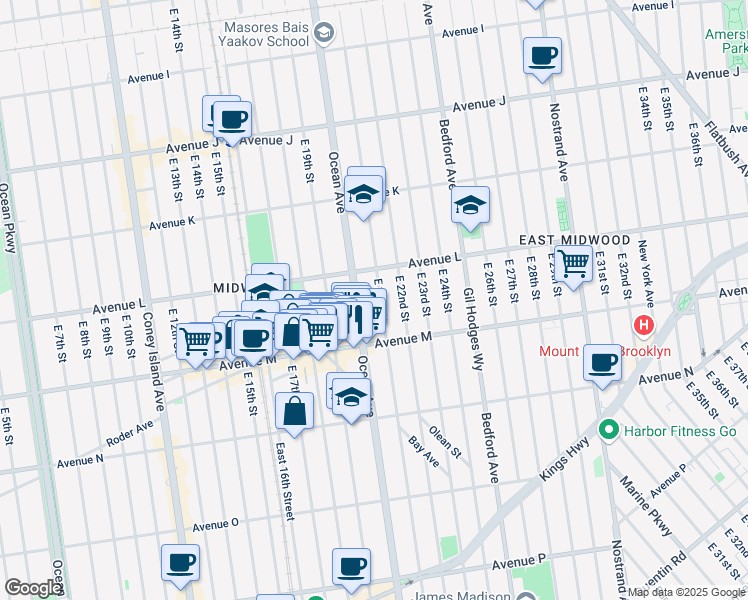 map of restaurants, bars, coffee shops, grocery stores, and more near 1362 East 21st Street in Brooklyn