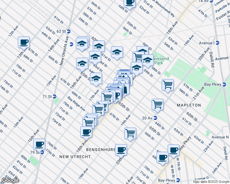 map of restaurants, bars, coffee shops, grocery stores, and more near 1762 64th Street in Brooklyn