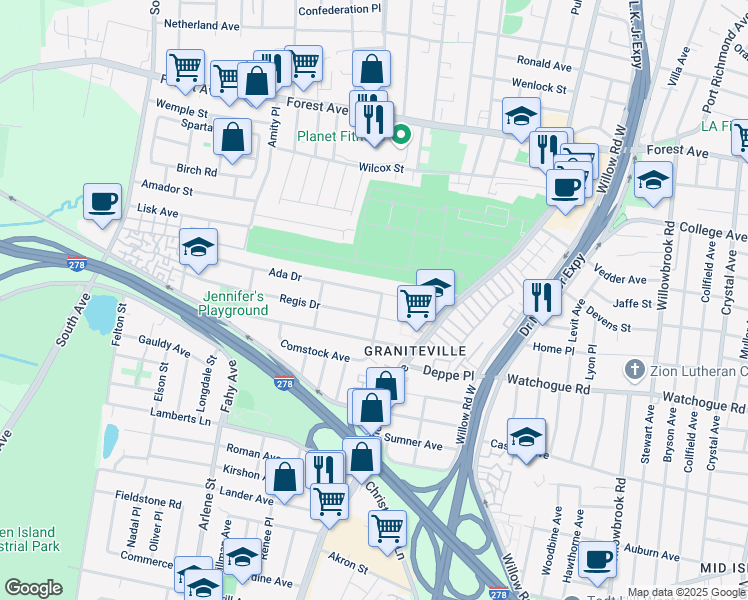 map of restaurants, bars, coffee shops, grocery stores, and more near 88 Ada Drive in Staten Island