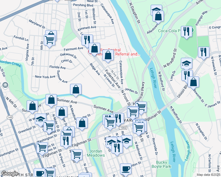 map of restaurants, bars, coffee shops, grocery stores, and more near 1051 Ridge Avenue in Allentown