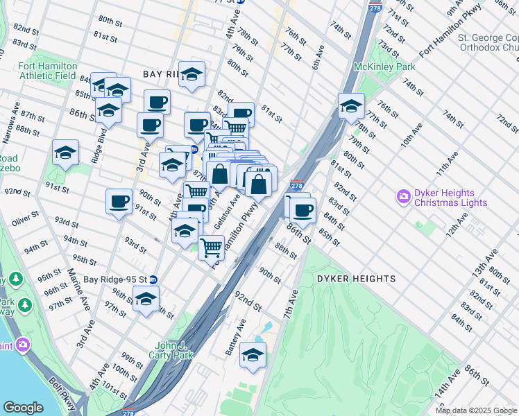 map of restaurants, bars, coffee shops, grocery stores, and more near 8622 Fort Hamilton Parkway in Brooklyn
