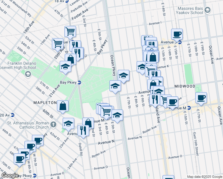 map of restaurants, bars, coffee shops, grocery stores, and more near 1170 Ocean Parkway in Brooklyn