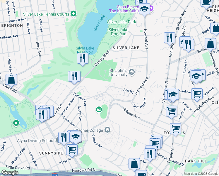 map of restaurants, bars, coffee shops, grocery stores, and more near 110 Arlo Road in Staten Island