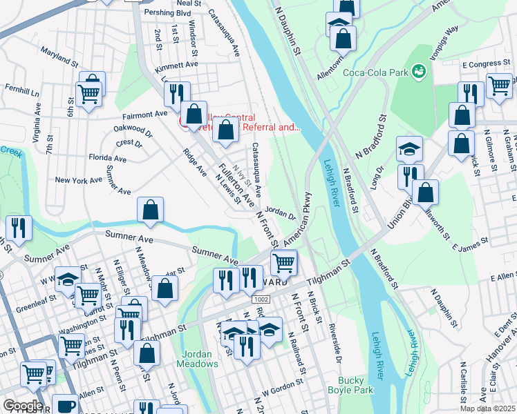 map of restaurants, bars, coffee shops, grocery stores, and more near 1 Jordan Drive in Allentown