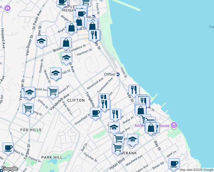 map of restaurants, bars, coffee shops, grocery stores, and more near 60 Townsend Ave in Staten Island