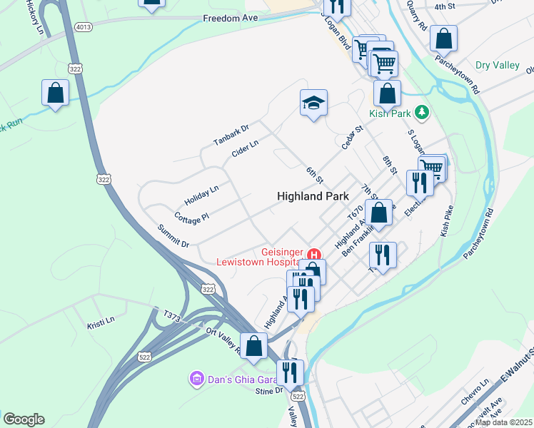 map of restaurants, bars, coffee shops, grocery stores, and more near 201 Summit Drive in Lewistown