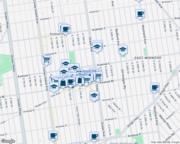 map of restaurants, bars, coffee shops, grocery stores, and more near 1724 Ocean Avenue in Brooklyn