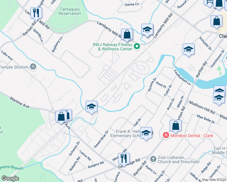 map of restaurants, bars, coffee shops, grocery stores, and more near 34 Burnham Court in Scotch Plains
