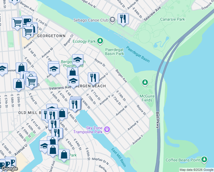 map of restaurants, bars, coffee shops, grocery stores, and more near 2143 E 73rd St in Brooklyn