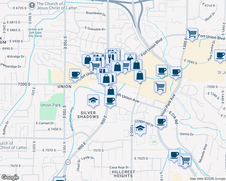 map of restaurants, bars, coffee shops, grocery stores, and more near 913 South Union Avenue in Midvale