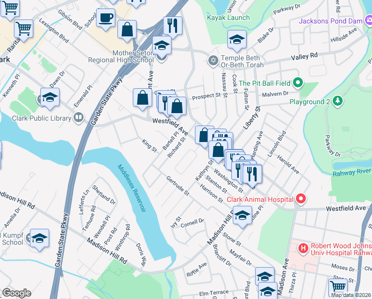 map of restaurants, bars, coffee shops, grocery stores, and more near 73 Prescott Turn in Clark