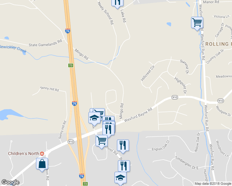 map of restaurants, bars, coffee shops, grocery stores, and more near 387 Marshall Heights Drive in Wexford