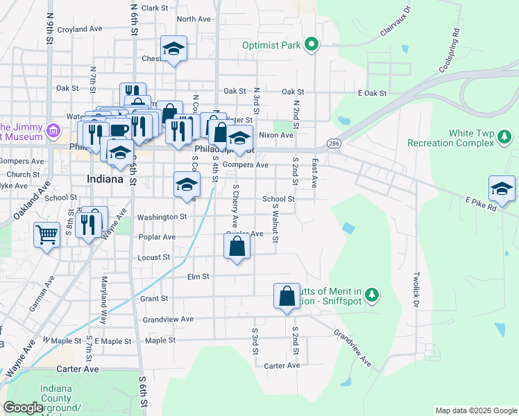 map of restaurants, bars, coffee shops, grocery stores, and more near 249 South 3rd Street in Indiana