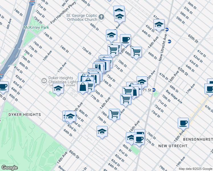 map of restaurants, bars, coffee shops, grocery stores, and more near 1340 74th Street in Brooklyn