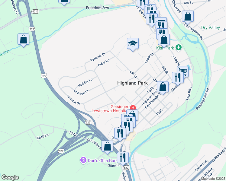 map of restaurants, bars, coffee shops, grocery stores, and more near 201 Summit Drive in Lewistown