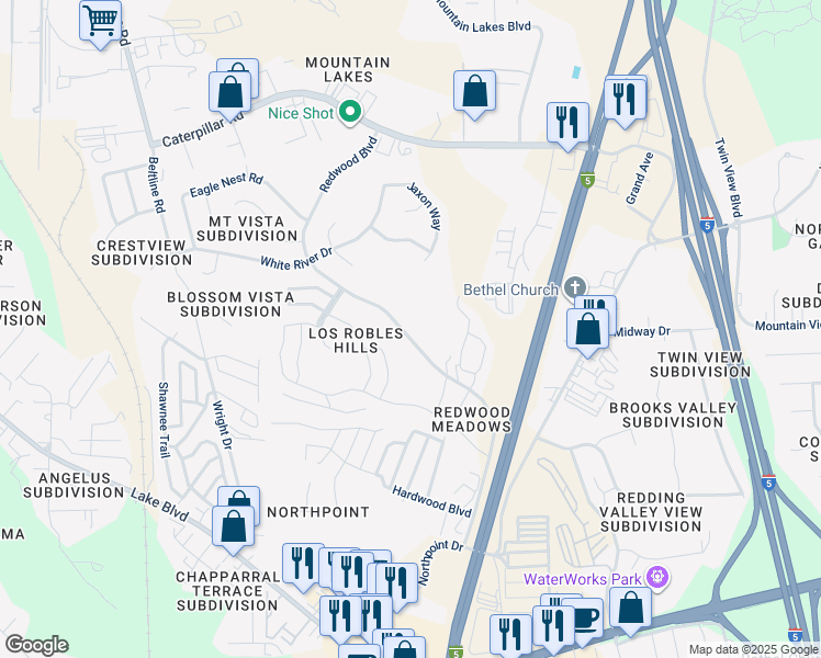 map of restaurants, bars, coffee shops, grocery stores, and more near 849 Redwood Boulevard in Redding