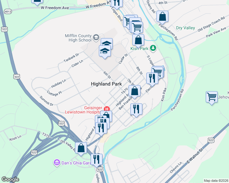 map of restaurants, bars, coffee shops, grocery stores, and more near 511 Maple Avenue in Lewistown