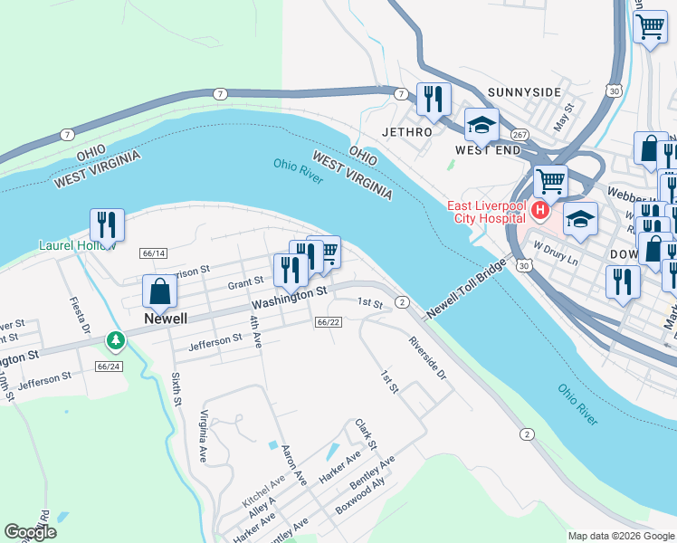 map of restaurants, bars, coffee shops, grocery stores, and more near 401 1st Street in Newell