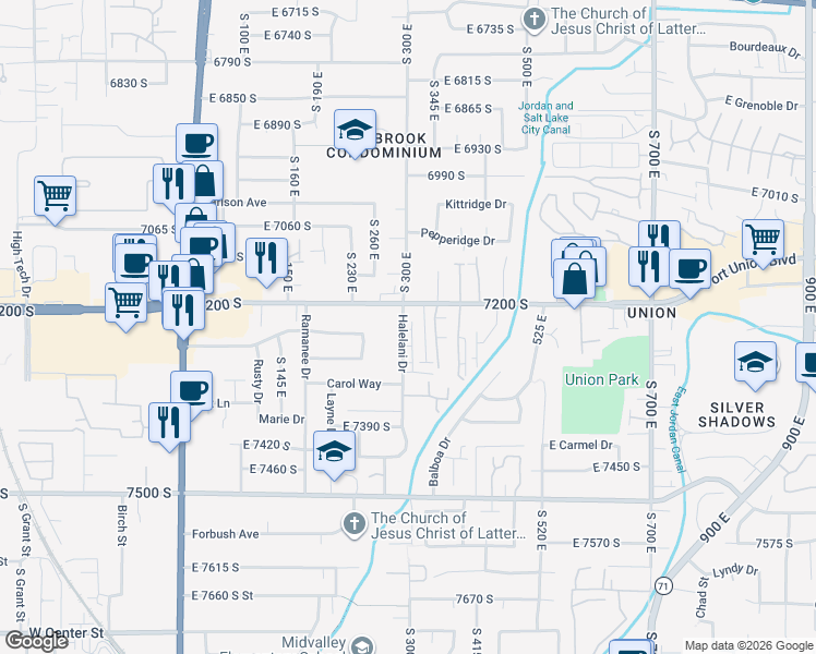 map of restaurants, bars, coffee shops, grocery stores, and more near 7245 South 300 East in Midvale