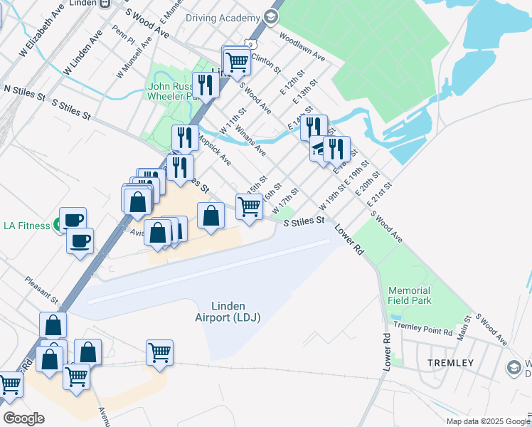 map of restaurants, bars, coffee shops, grocery stores, and more near 1615 South Stiles Street in Linden