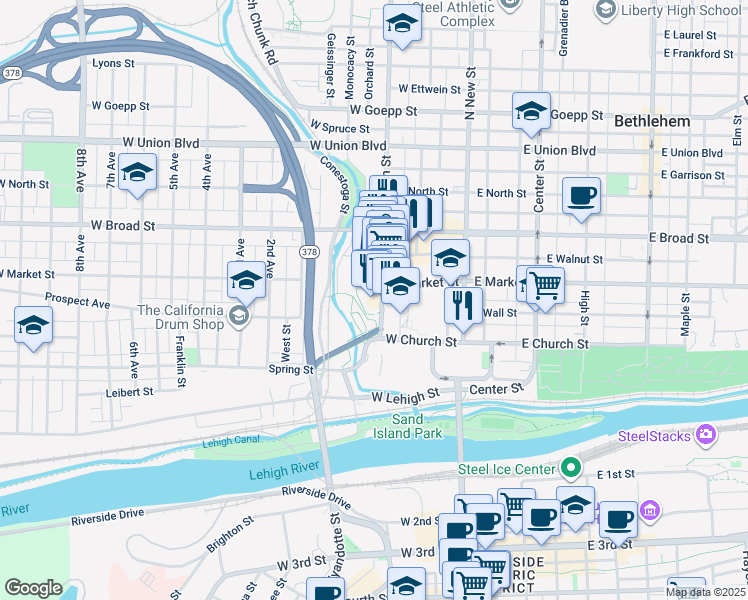 map of restaurants, bars, coffee shops, grocery stores, and more near 437 Main Street in Bethlehem