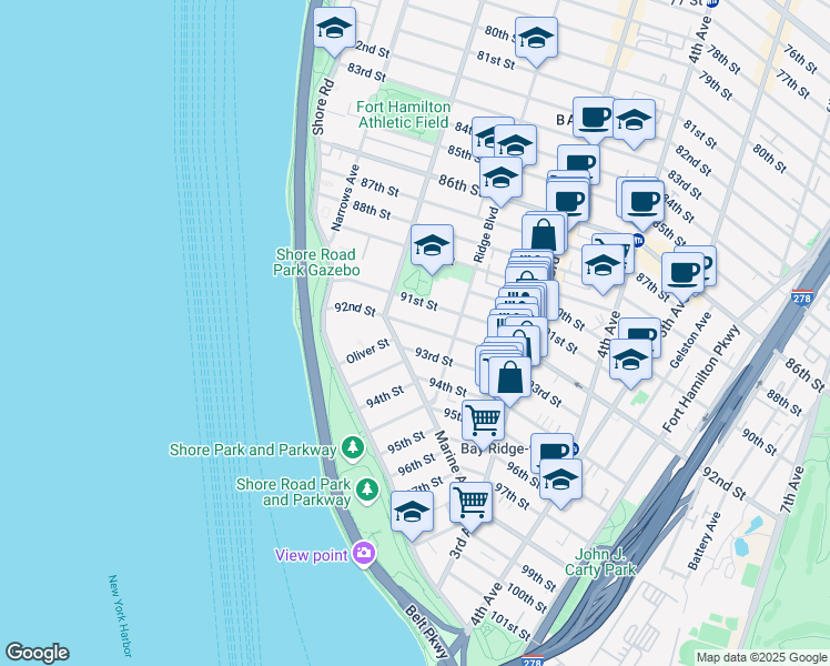 map of restaurants, bars, coffee shops, grocery stores, and more near 142 92nd Street in Brooklyn