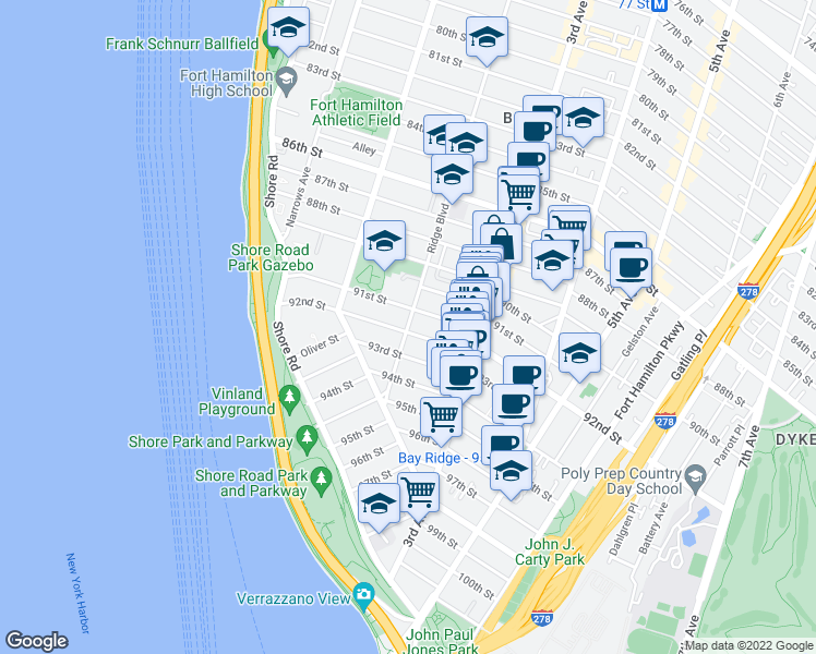 map of restaurants, bars, coffee shops, grocery stores, and more near 9115 Ridge Boulevard in Brooklyn
