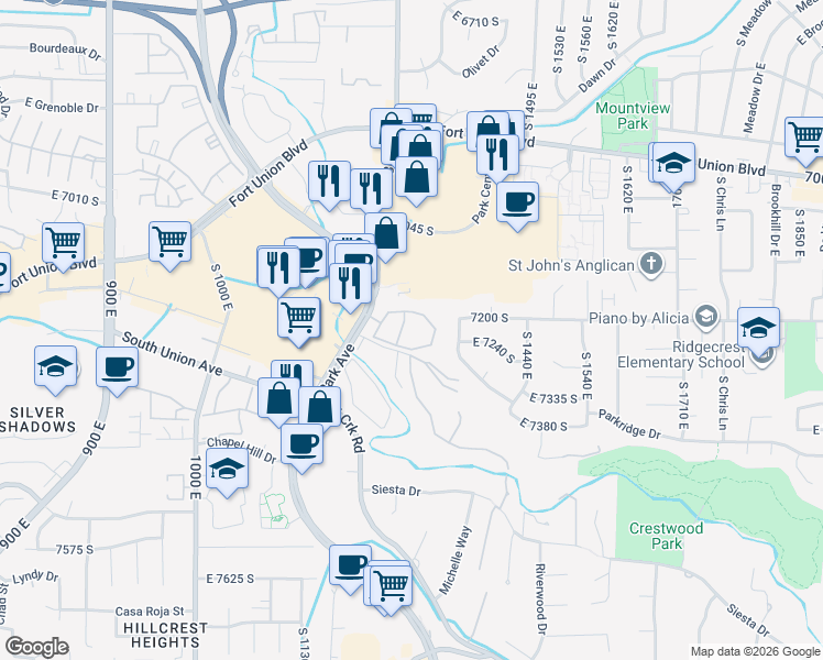 map of restaurants, bars, coffee shops, grocery stores, and more near 1257 Shadow Ridge Drive in Midvale