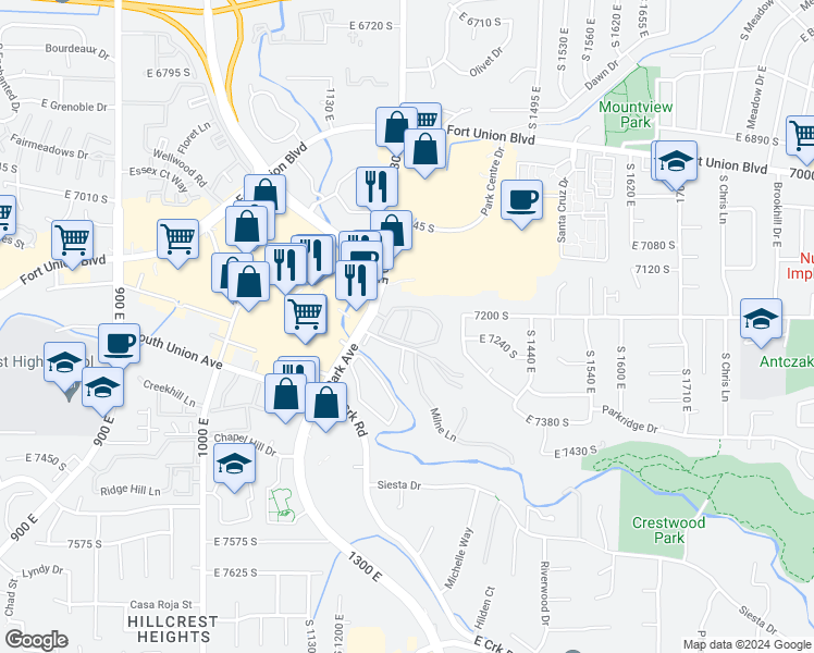map of restaurants, bars, coffee shops, grocery stores, and more near 1282 Ridge Meadow Lane in Midvale