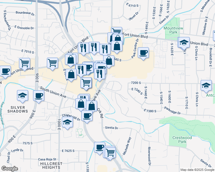 map of restaurants, bars, coffee shops, grocery stores, and more near 1282 Ridge Meadow Lane in Midvale