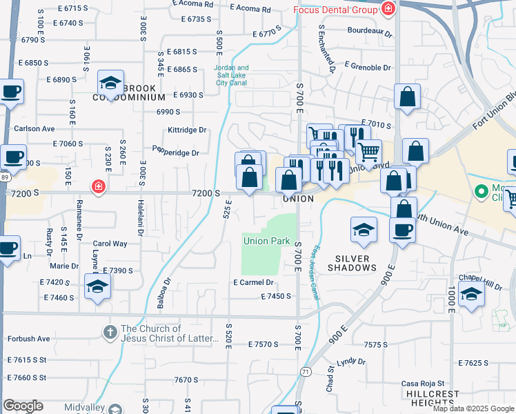 map of restaurants, bars, coffee shops, grocery stores, and more near 595 Park Plaza Place in Midvale