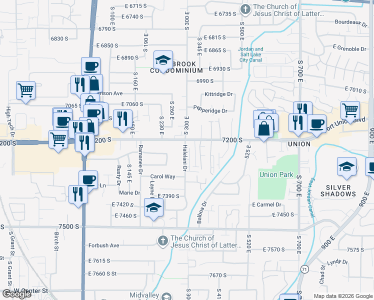 map of restaurants, bars, coffee shops, grocery stores, and more near 7245 South 300 East in Midvale