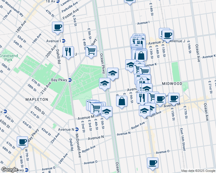 map of restaurants, bars, coffee shops, grocery stores, and more near 1187 Ocean Parkway in Brooklyn