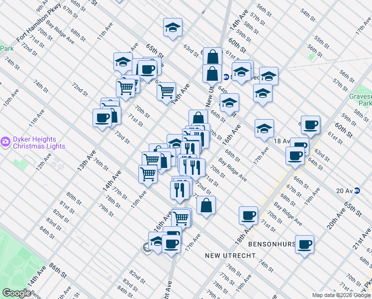 map of restaurants, bars, coffee shops, grocery stores, and more near 1518 70th Street in Brooklyn