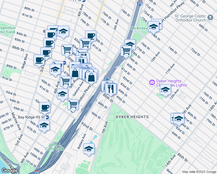 map of restaurants, bars, coffee shops, grocery stores, and more near 661 85th Street in Brooklyn