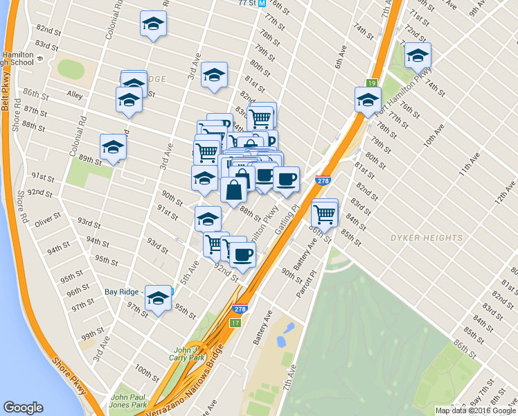 map of restaurants, bars, coffee shops, grocery stores, and more near 8622 Fort Hamilton Parkway in Brooklyn