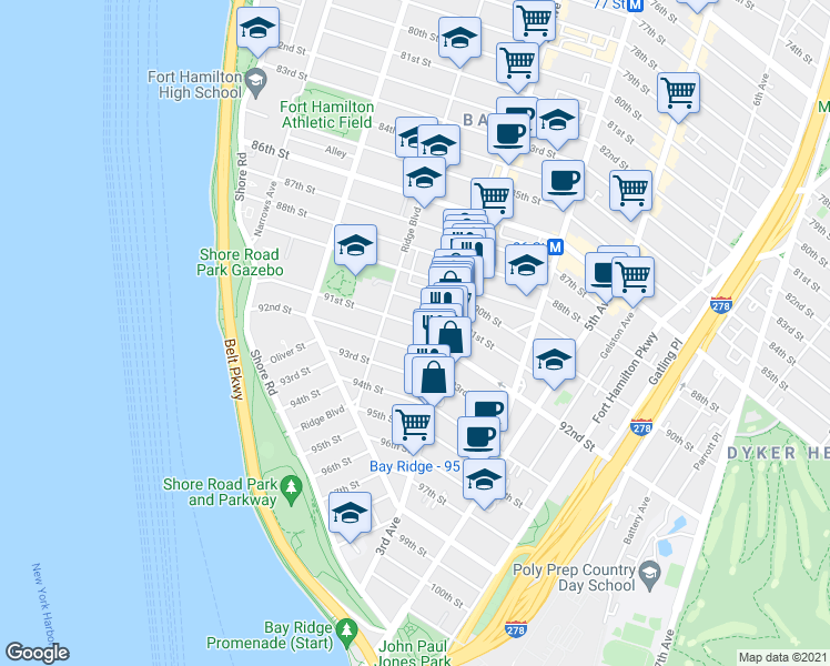 map of restaurants, bars, coffee shops, grocery stores, and more near 240 91st Street in Brooklyn