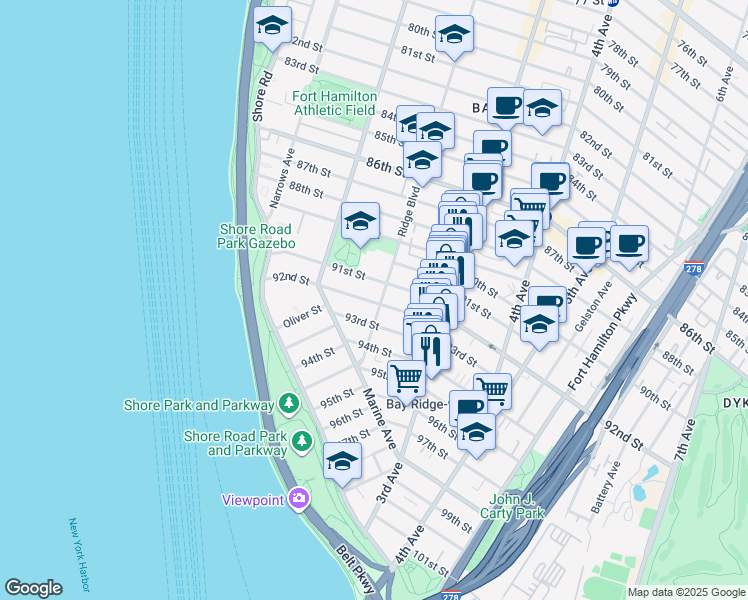 map of restaurants, bars, coffee shops, grocery stores, and more near 9115 Ridge Boulevard in Brooklyn