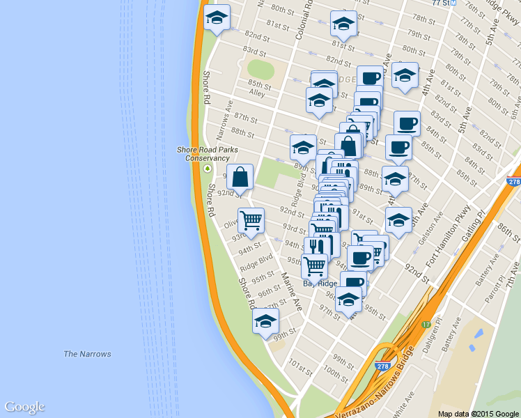 map of restaurants, bars, coffee shops, grocery stores, and more near 142 92nd Street in Brooklyn