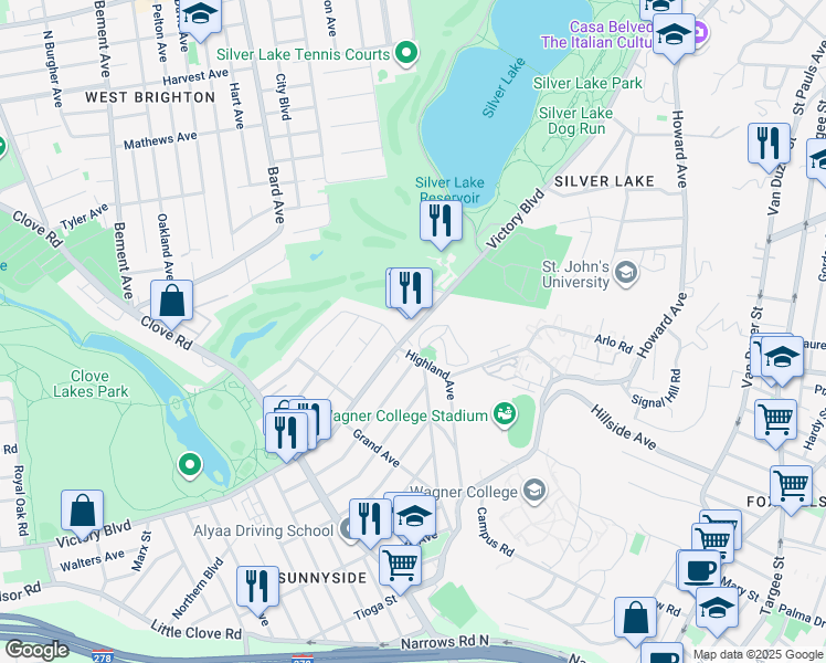 map of restaurants, bars, coffee shops, grocery stores, and more near 982 Victory Boulevard in Staten Island