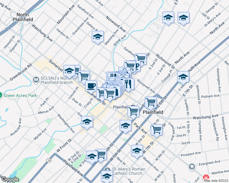 map of restaurants, bars, coffee shops, grocery stores, and more near in Plainfield