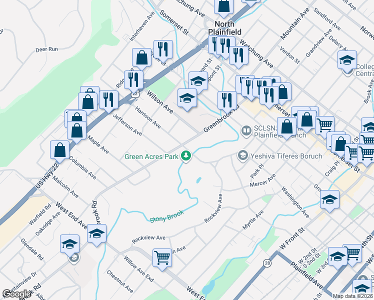map of restaurants, bars, coffee shops, grocery stores, and more near 27 Rockview Terrace in North Plainfield